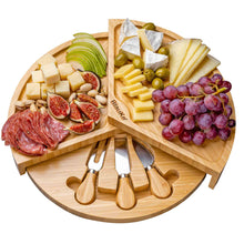 Load image into Gallery viewer, Bamboo Cheese Board and Knife Set - 14 Inch Swiveling Charcuterie Board with Slide-Out Drawer - Cheese Serving Platter, Round Serving Tray-0
