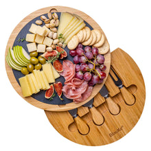 Load image into Gallery viewer, Round Bamboo Cheese Board with Knife Set and Removable Slate - 12 inch Swiveling Charcuterie Board-0
