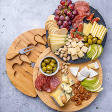 Load image into Gallery viewer, Round Bamboo Cheese Board with Knife Set and Removable Slate - 12 inch Swiveling Charcuterie Board-3
