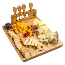 Load image into Gallery viewer, Bamboo Cheese Board and Knife Set - 14x11 inch Charcuterie Board with 4 Cheese Knives - Wood Serving Tray-0
