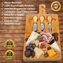 Load image into Gallery viewer, Bamboo Cheese Board and Knife Set - 12x8 inch Charcuterie Board with Magnetic Cutlery Storage - Wood Serving Tray with Handle-1
