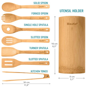 Bamboo Kitchen Utensils Set 8-Pack - Wooden Cooking Utensils for Nonstick Cookware - Wooden Cooking Spoons, Spatulas, Turner, Tongs, Utensil Holder-2