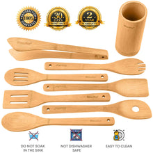 Load image into Gallery viewer, Bamboo Kitchen Utensils Set 8-Pack - Wooden Cooking Utensils for Nonstick Cookware - Wooden Cooking Spoons, Spatulas, Turner, Tongs, Utensil Holder-1
