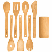 Load image into Gallery viewer, Bamboo Kitchen Utensils Set 8-Pack - Wooden Cooking Utensils for Nonstick Cookware - Wooden Cooking Spoons, Spatulas, Turner, Tongs, Utensil Holder-0
