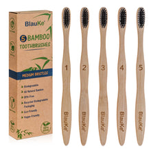 Load image into Gallery viewer, Bamboo Toothbrush Set 5-Pack - Bamboo Toothbrushes with Medium Bristles for Adults - Eco-Friendly, Biodegradable, Natural Wooden Toothbrushes with Black Charcoal Bristles-0
