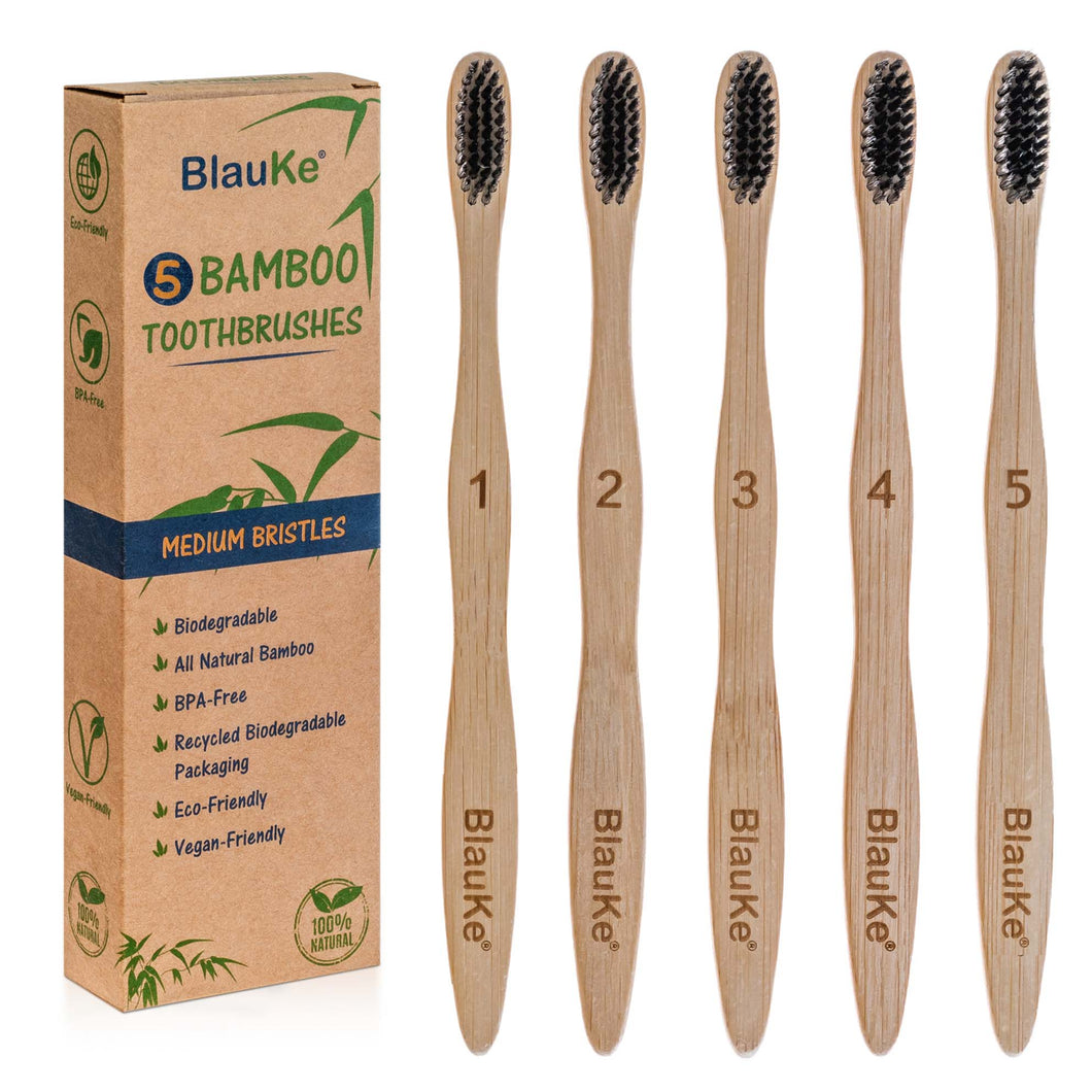 Bamboo Toothbrush Set 5-Pack - Bamboo Toothbrushes with Medium Bristles for Adults - Eco-Friendly, Biodegradable, Natural Wooden Toothbrushes with Black Charcoal Bristles-0