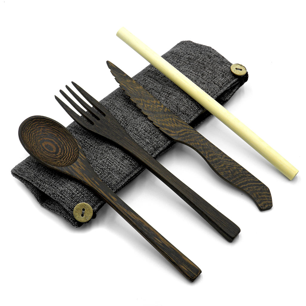 Dark Wood Cutlery Set (Light grey bag)-5