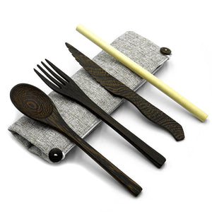 Dark Wood Cutlery Set (Light grey bag)-0